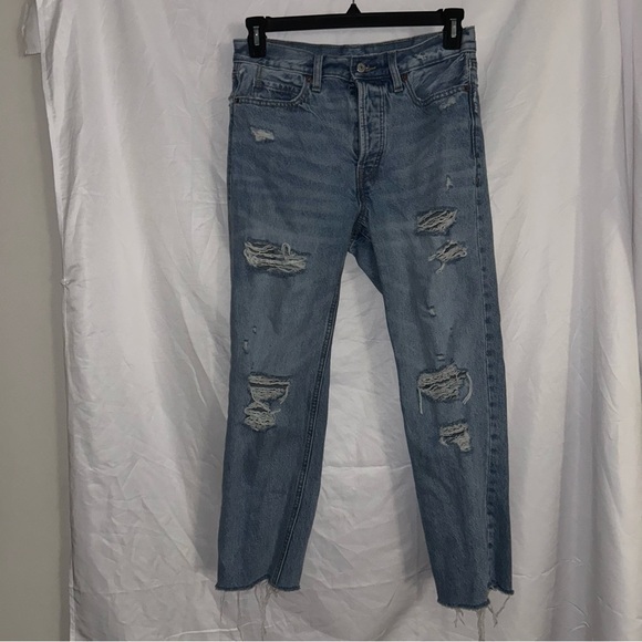 Old Navy Jeans Extra High Rise Sky Hi Straight Jeans Distressed Raw Hem - Picture 1 of 7